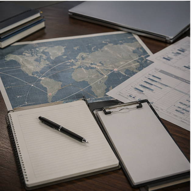 Procurement analysis desk with blank supply papers and route map