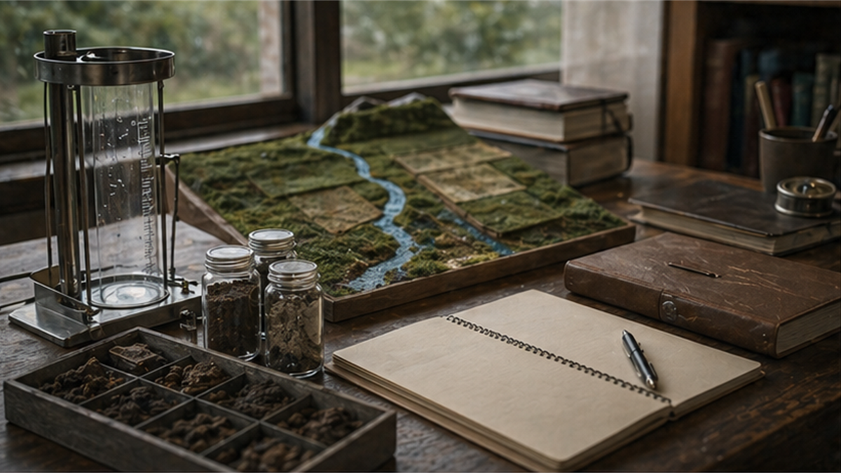 Rain gauge, soil samples, and climate notes on a research desk