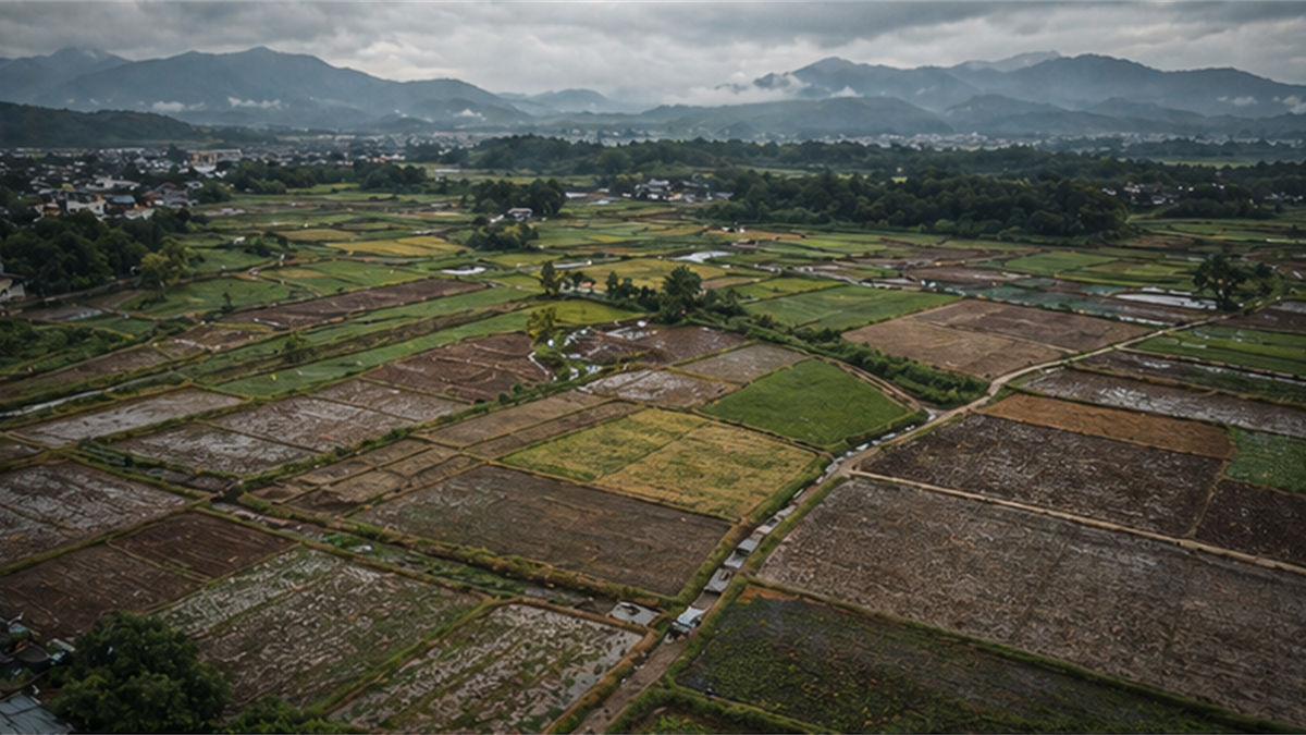 Patchwork small-farm landscape after moderate rain
