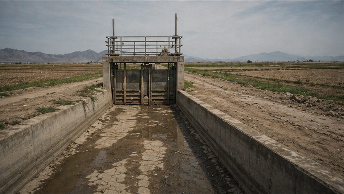 Dry irrigation canal and water gate in an agricultural plain