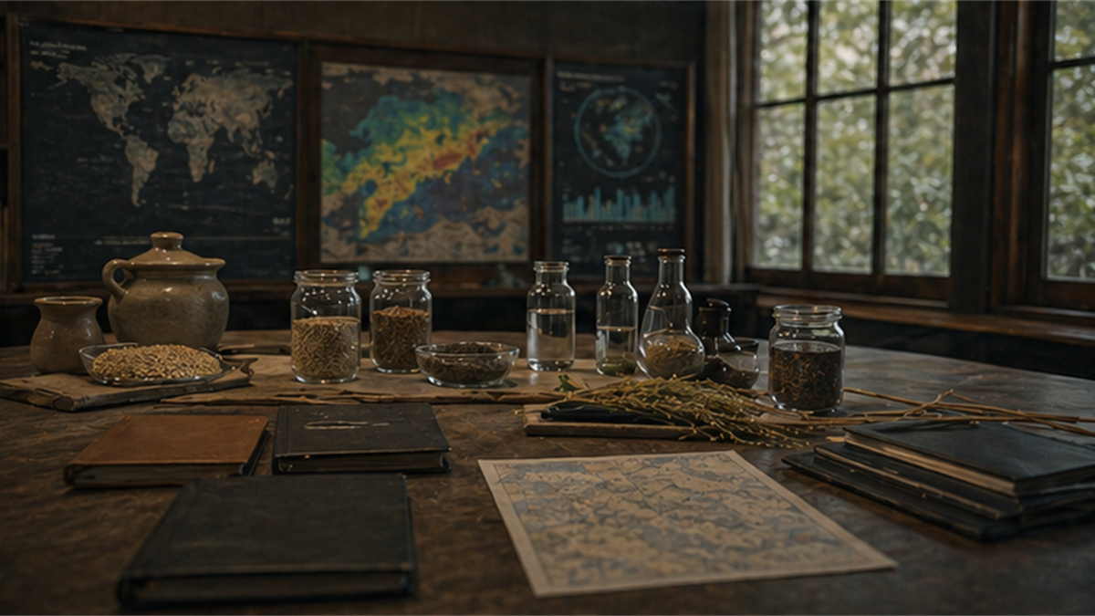 Research room with climate maps, crop samples, water jars, and closed folders