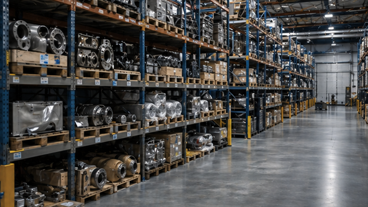 Clean parts warehouse with aircraft and ship spare parts on shelves