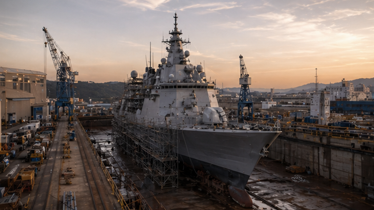Generic gray ship under maintenance in a dry dock at dawn