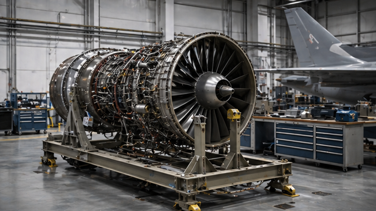 Jet engine maintenance bay with a generic engine on a stand