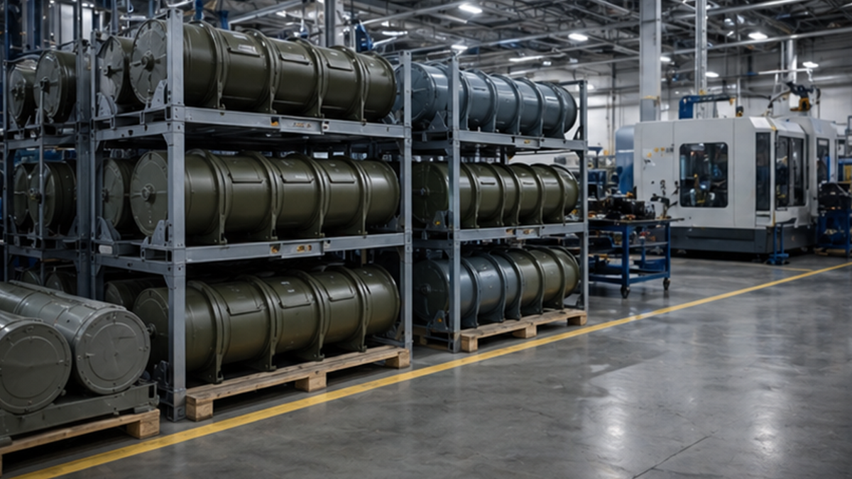 Secure industrial storage facility with sealed containers and manufacturing equipment