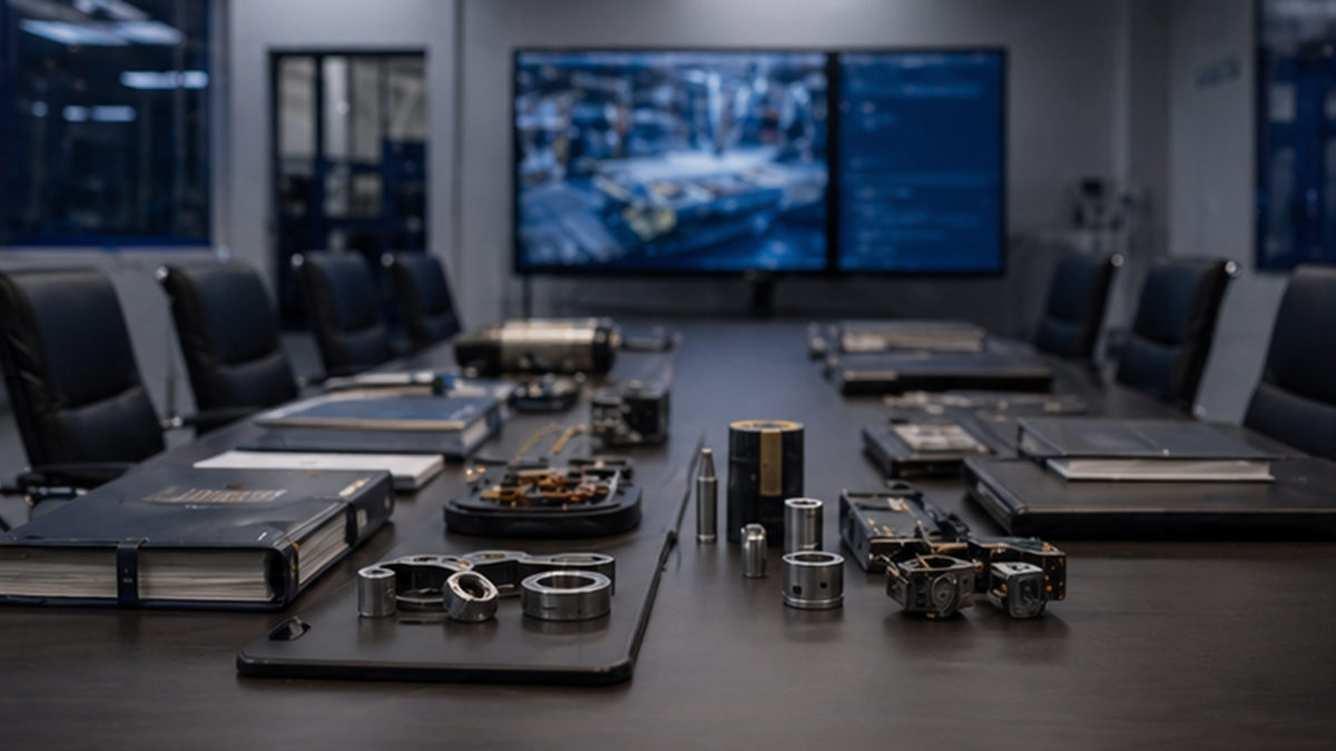 Industrial planning room with closed binders and supply-chain parts samples