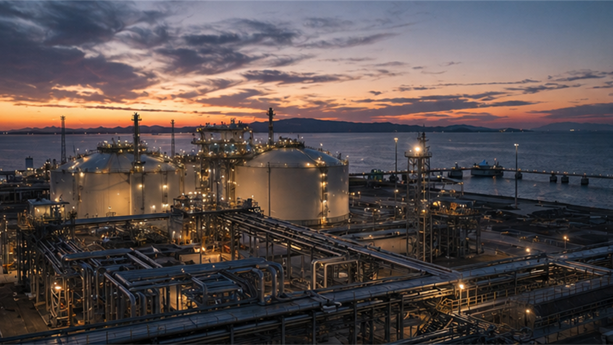 LNG terminal at dusk with storage tanks and pipes