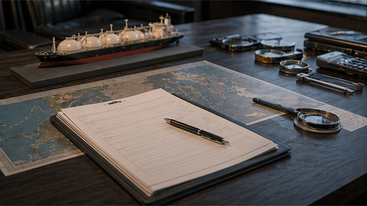 Maritime services desk with blank insurance forms, tanker model, and route chart