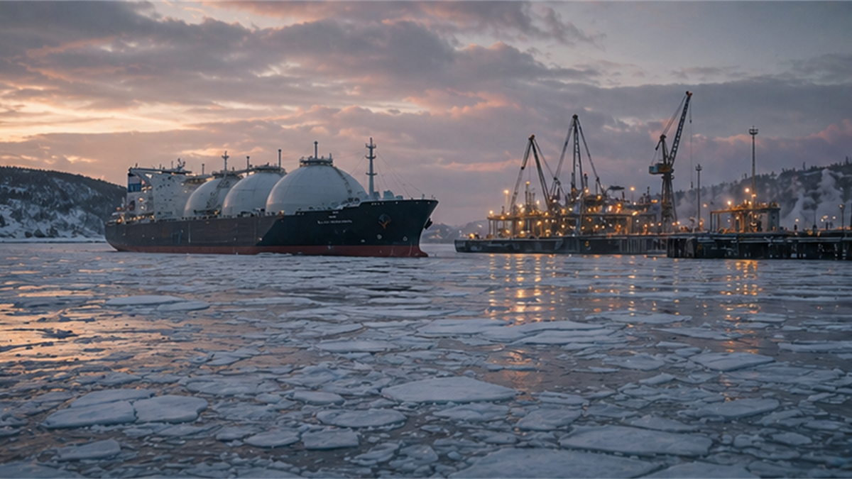 Cold-region LNG shipping scene with tanker silhouettes, ice, and harbor cranes