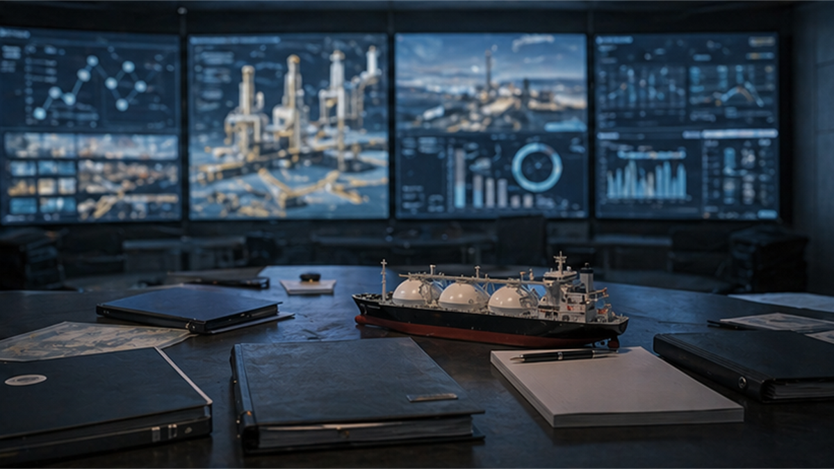 Energy security analysis room with LNG terminal screens, closed binders, and tanker model