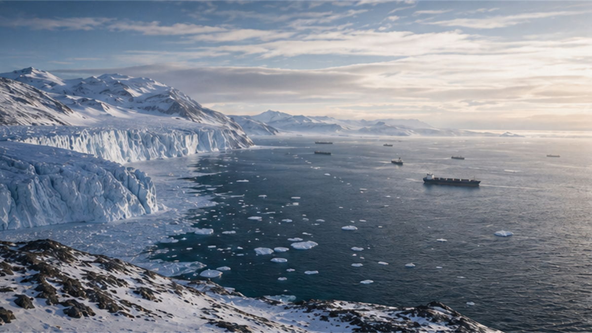Greenland ice coast with distant cargo vessel silhouettes