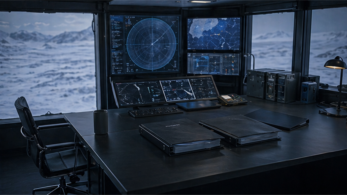 Empty Arctic monitoring station with abstract screens and snow outside