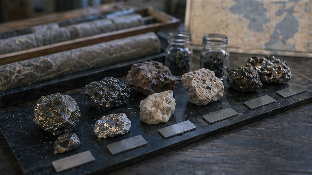 Geological sample table with mineral cores and blank labels