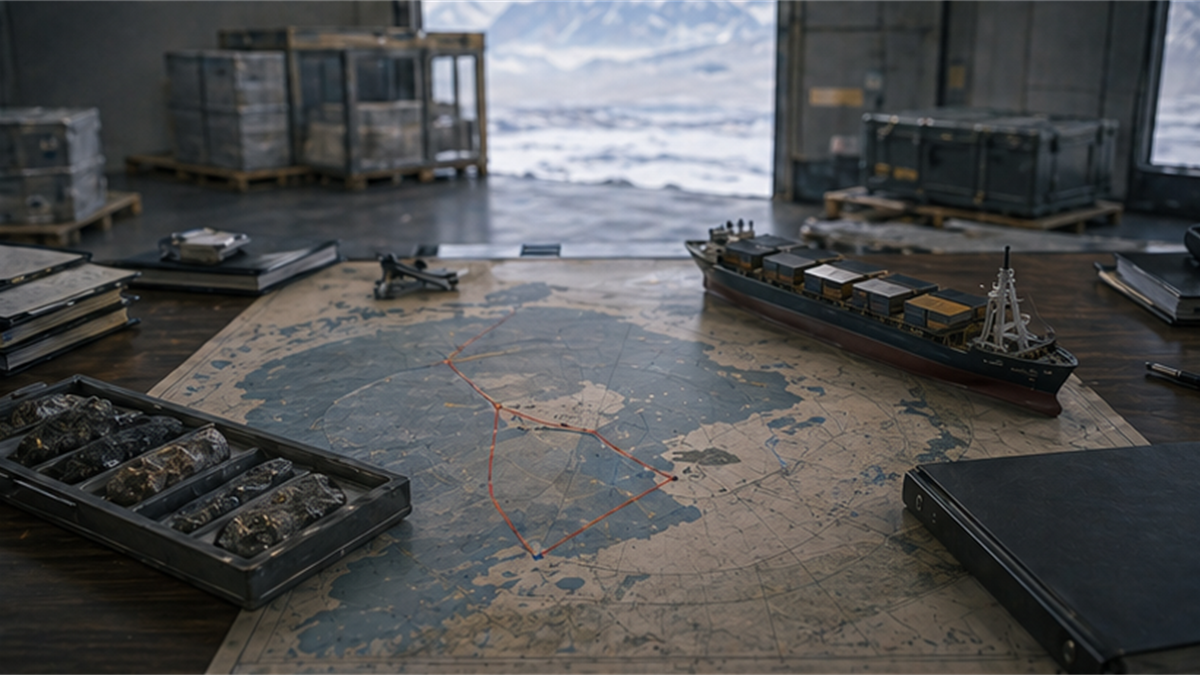 Arctic logistics room with polar route chart, cargo ship model, and mineral samples