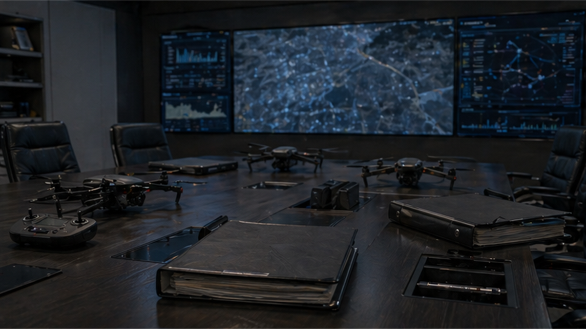 Drone operations planning room with generic quadcopters and abstract screens