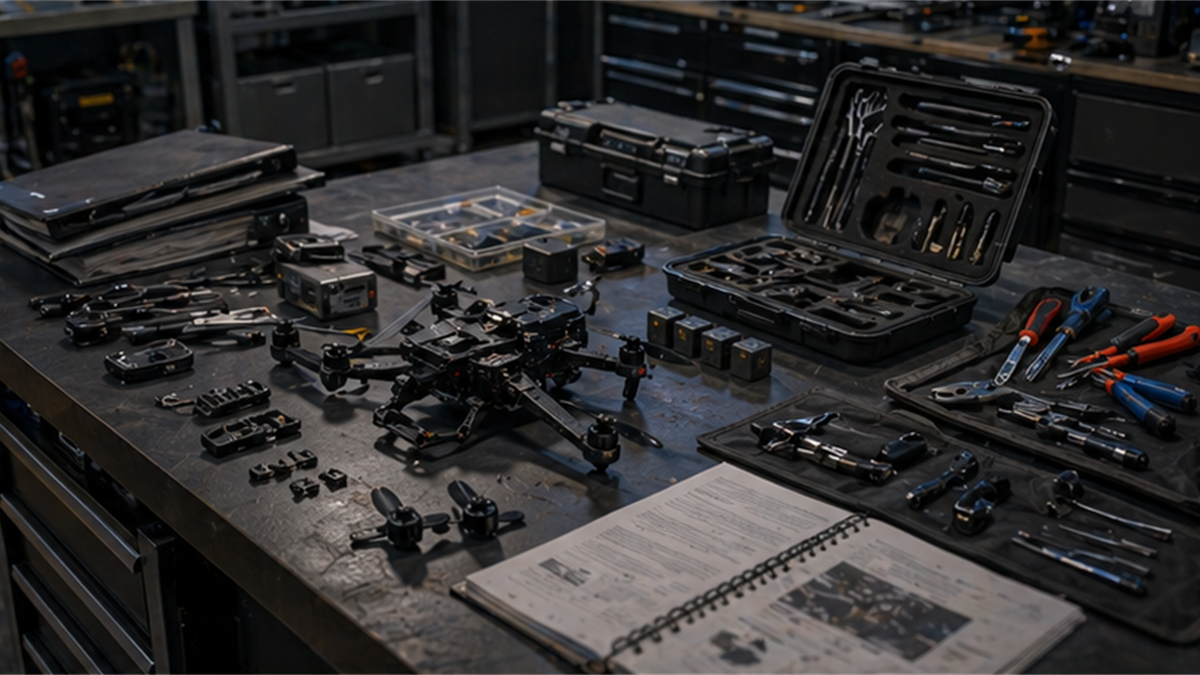 Maintenance bench with generic drone parts, batteries, and toolkits