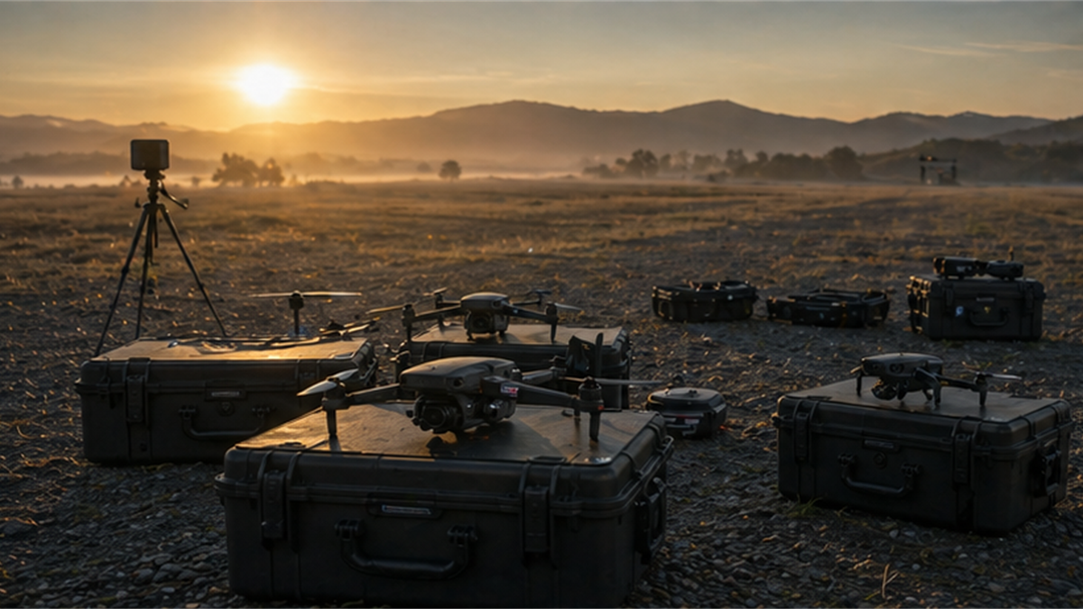 Empty drone training field at dawn with drones on cases