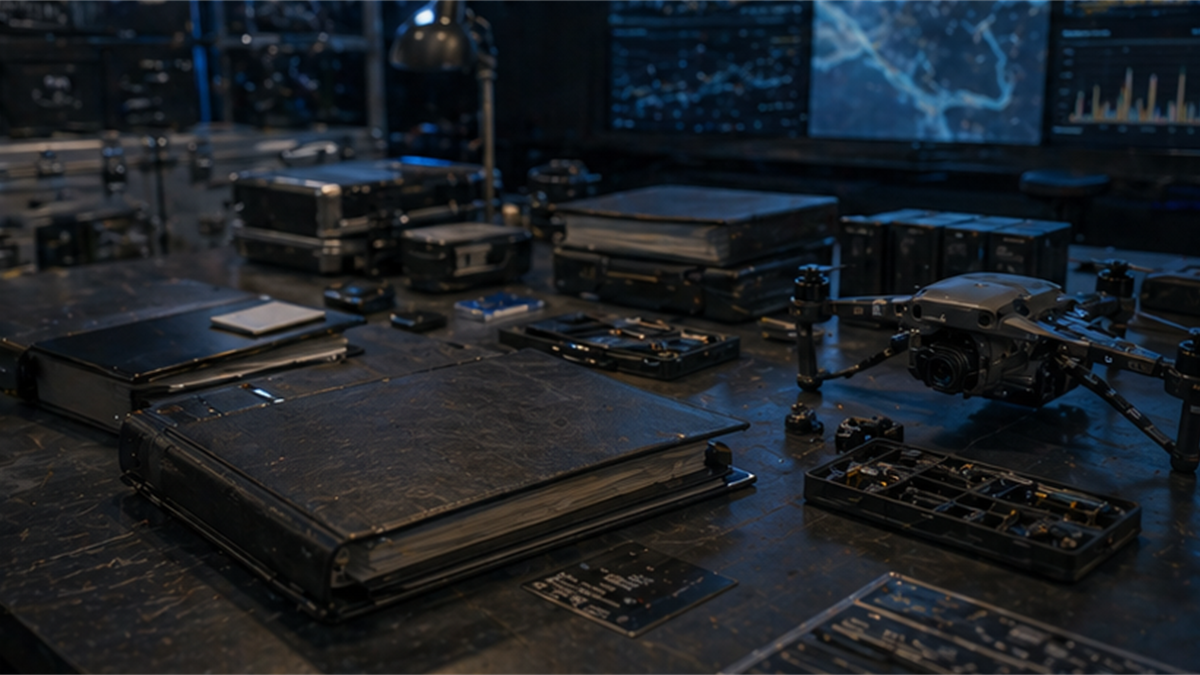 Logistics implementation desk with drone components, repair tools, and sealed folders