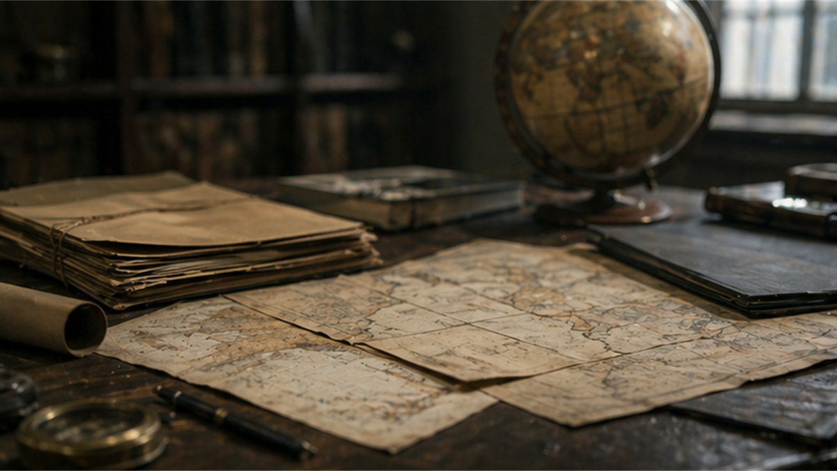 Archival desk with old maps, sealed folders, and a globe