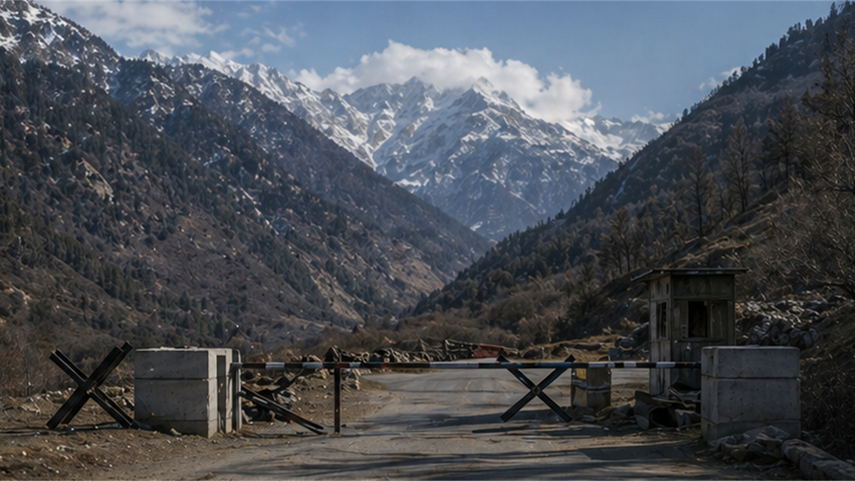 Empty mountain checkpoint road in a Himalayan valley