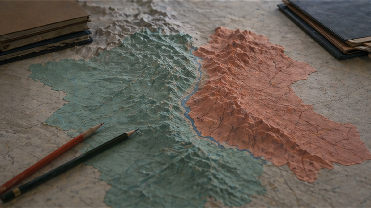 Unlabeled relief map with two color overlays and pencils