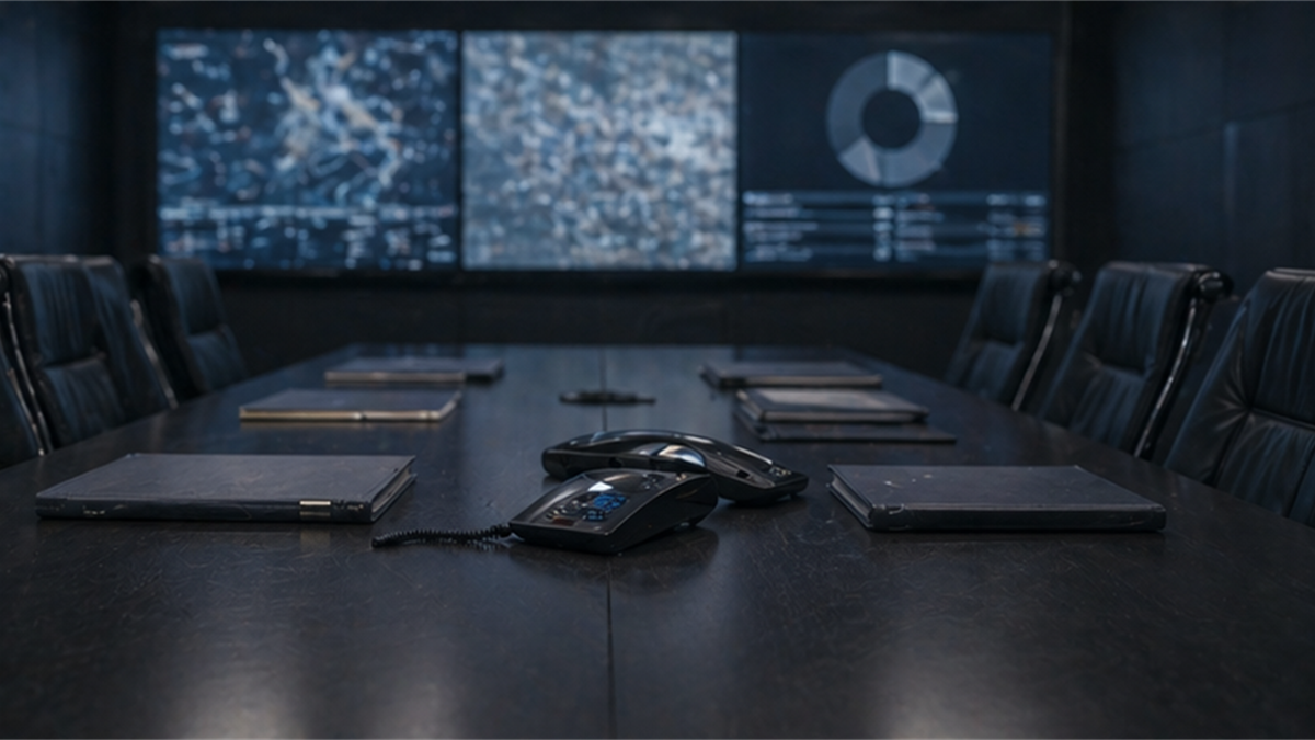 Empty emergency coordination room with muted screens, folders, and a phone