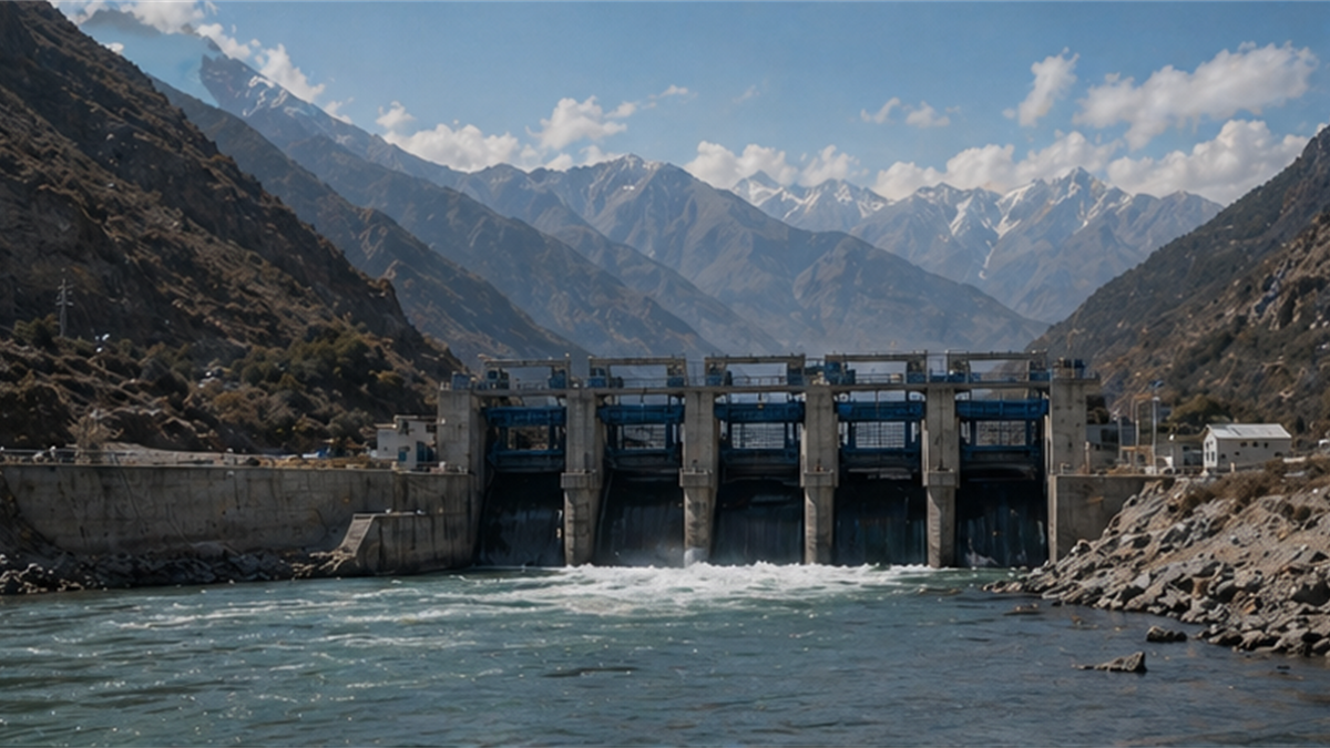 High mountain river and dam control gates in a remote valley