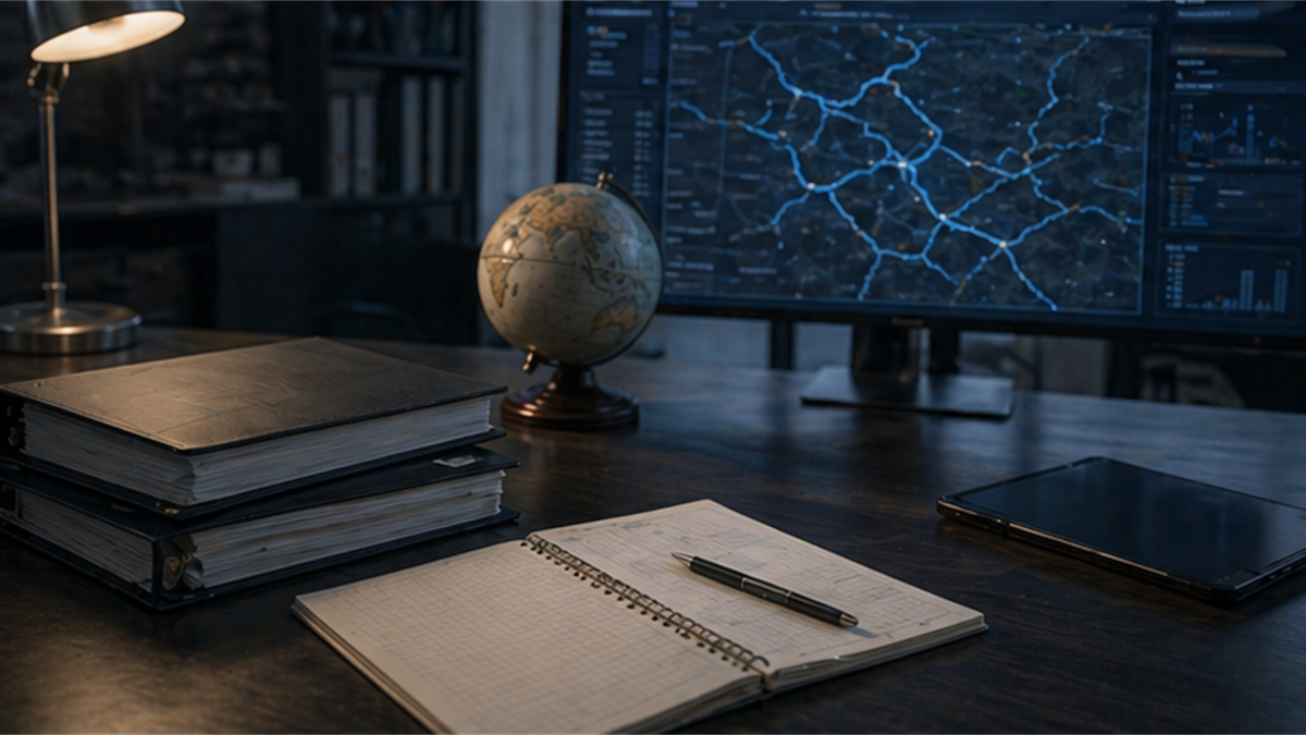 Japanese crisis management desk with blank binders, a muted globe, and abstract route lines