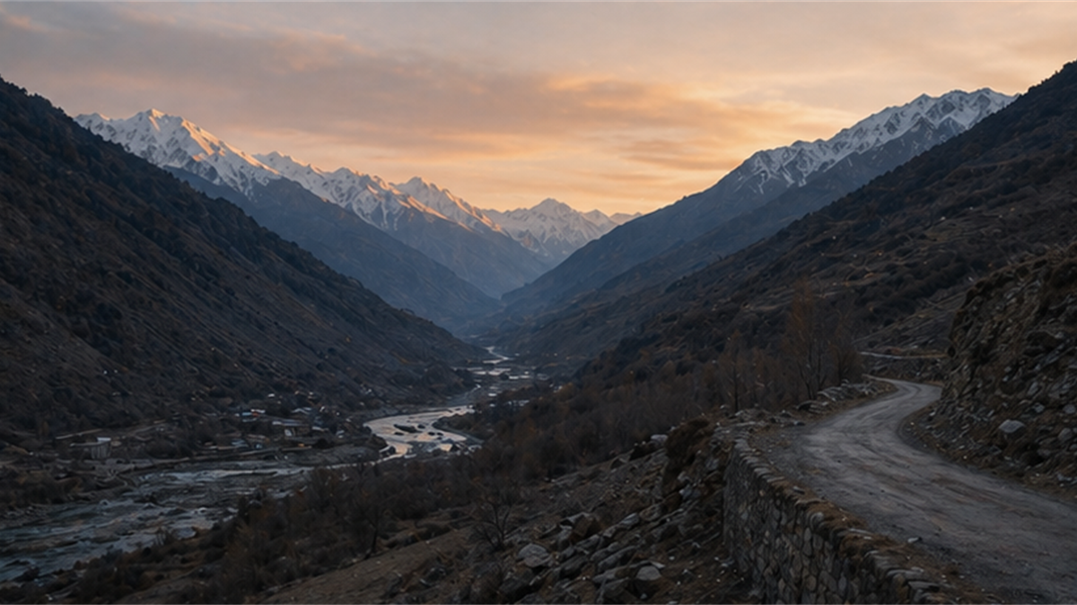 Quiet Himalayan valley at dusk with a winding road, river, and snow peaks