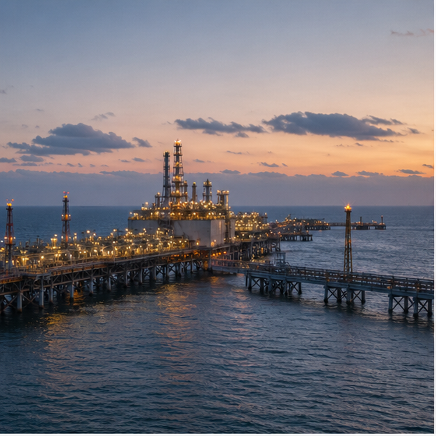 Offshore LNG facility or gas terminal at dusk