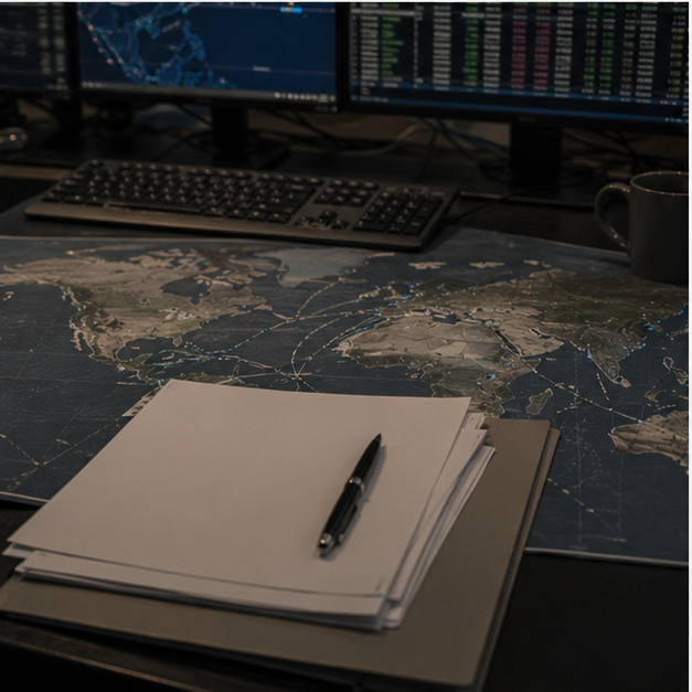 Trading desk with abstract LNG route map and blank documents