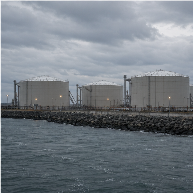 Storage tanks and coastal terminal under cloudy sky