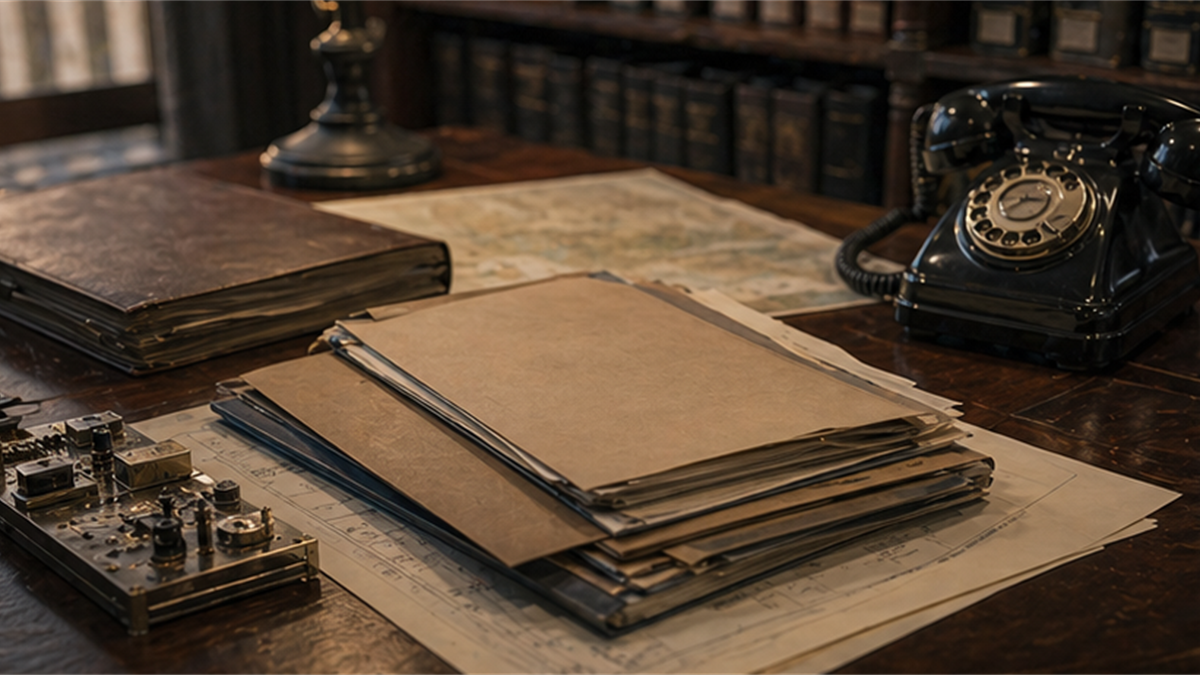 Archival desk with old blank trade folders, a vintage telephone, and technical parts