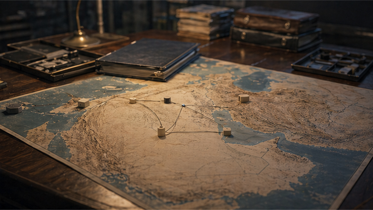 Regional logistics desk with an unlabeled relief map, neutral route markers, and closed folders