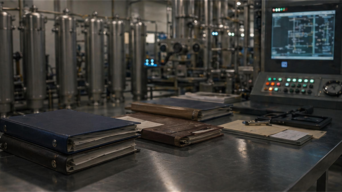 Industrial inspection room with generic cylinders, sealed folders, and abstract monitoring lights