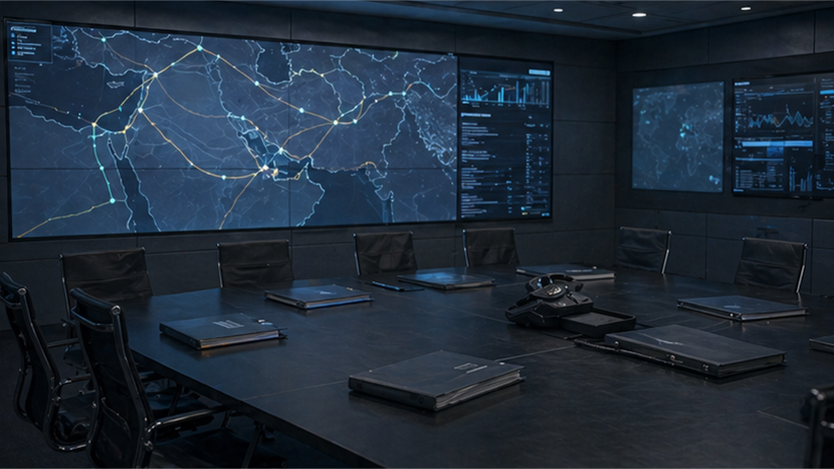Empty strategic coordination room with muted Middle East route lines and closed binders