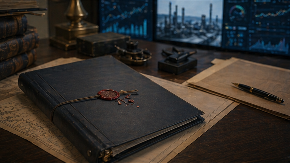 Diplomatic archive desk with blank agreement folder and monitoring screen