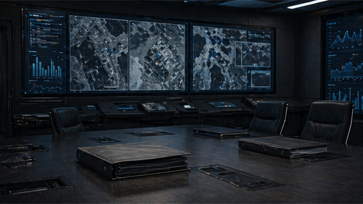 Empty command assessment room with abstract satellite imagery and binders