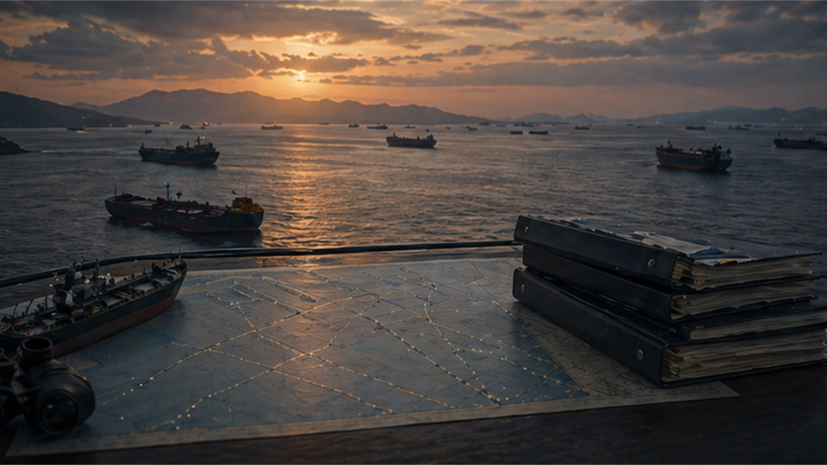 Hormuz maritime logistics scene with tanker silhouettes and sea-lane chart