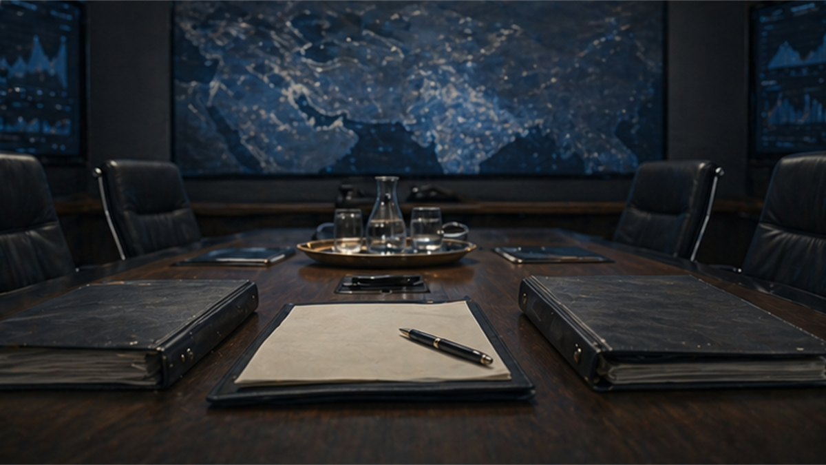 Quiet negotiation table with blank compromise draft and regional screens