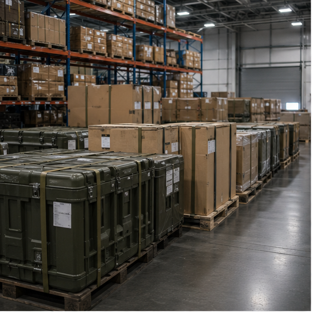 Defense logistics warehouse with sealed crates