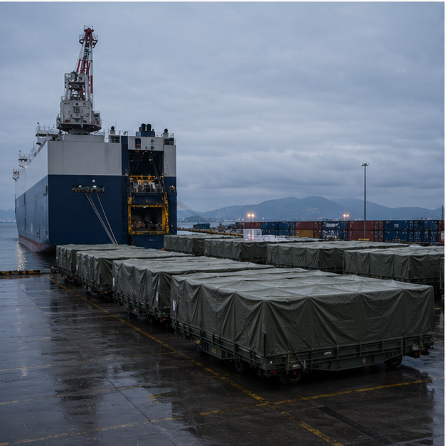 Port loading area with covered equipment containers