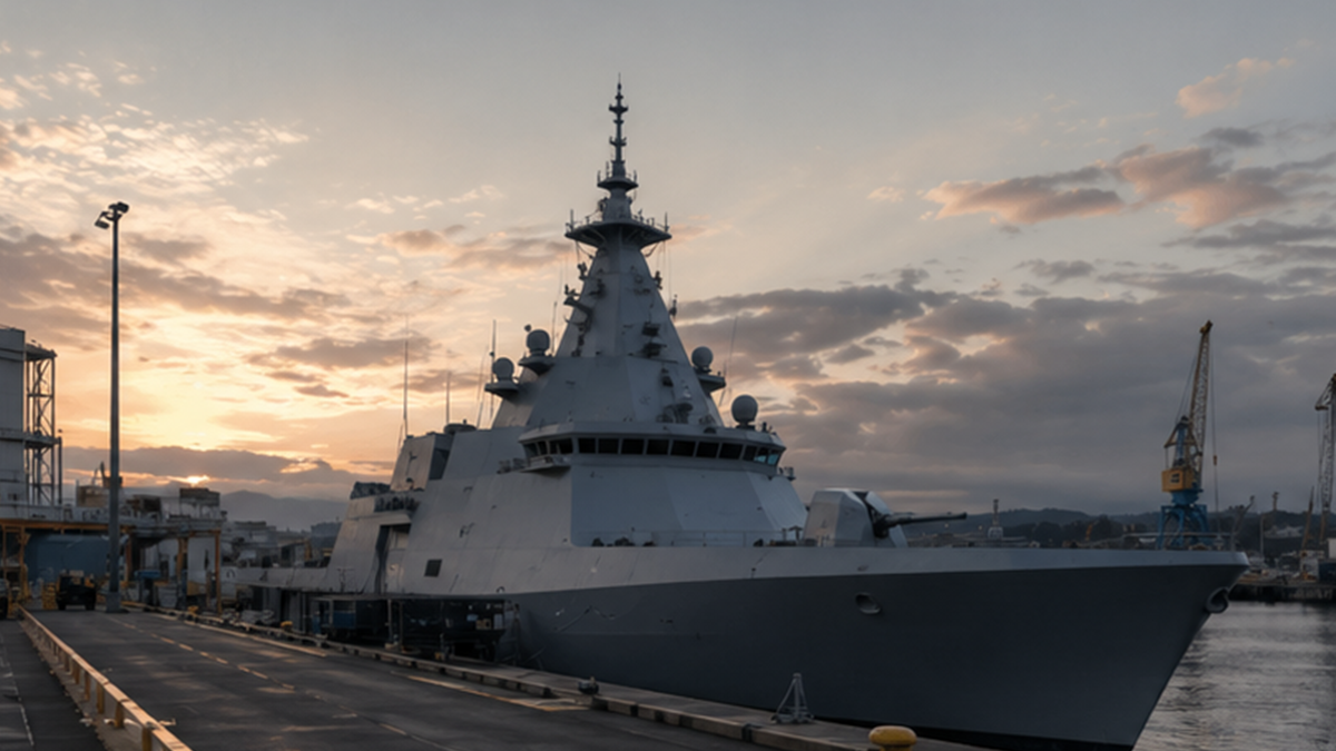 Generic modern gray naval frigate docked at a harbor at sunrise