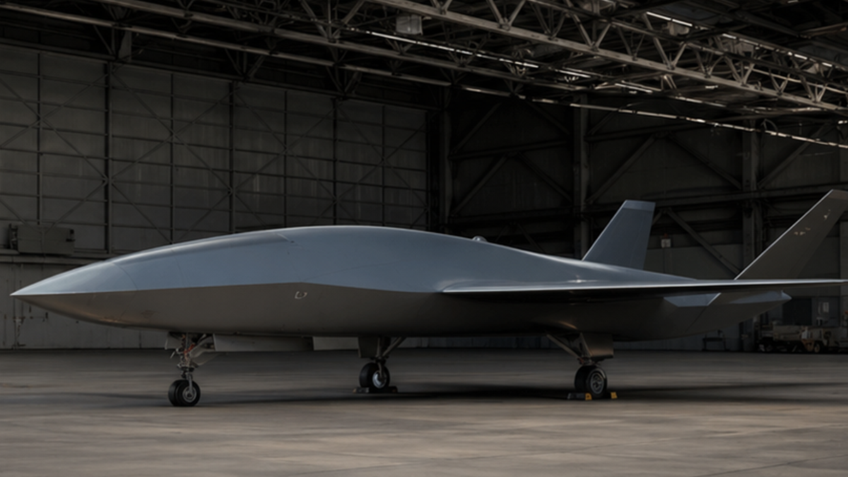 Generic unmanned jet aircraft parked in a quiet hangar