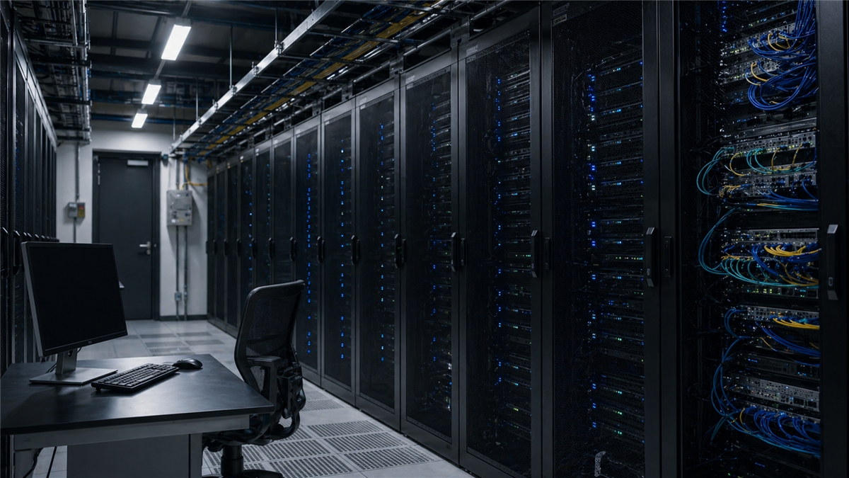 Secure server room corridor with blue status lights and no people