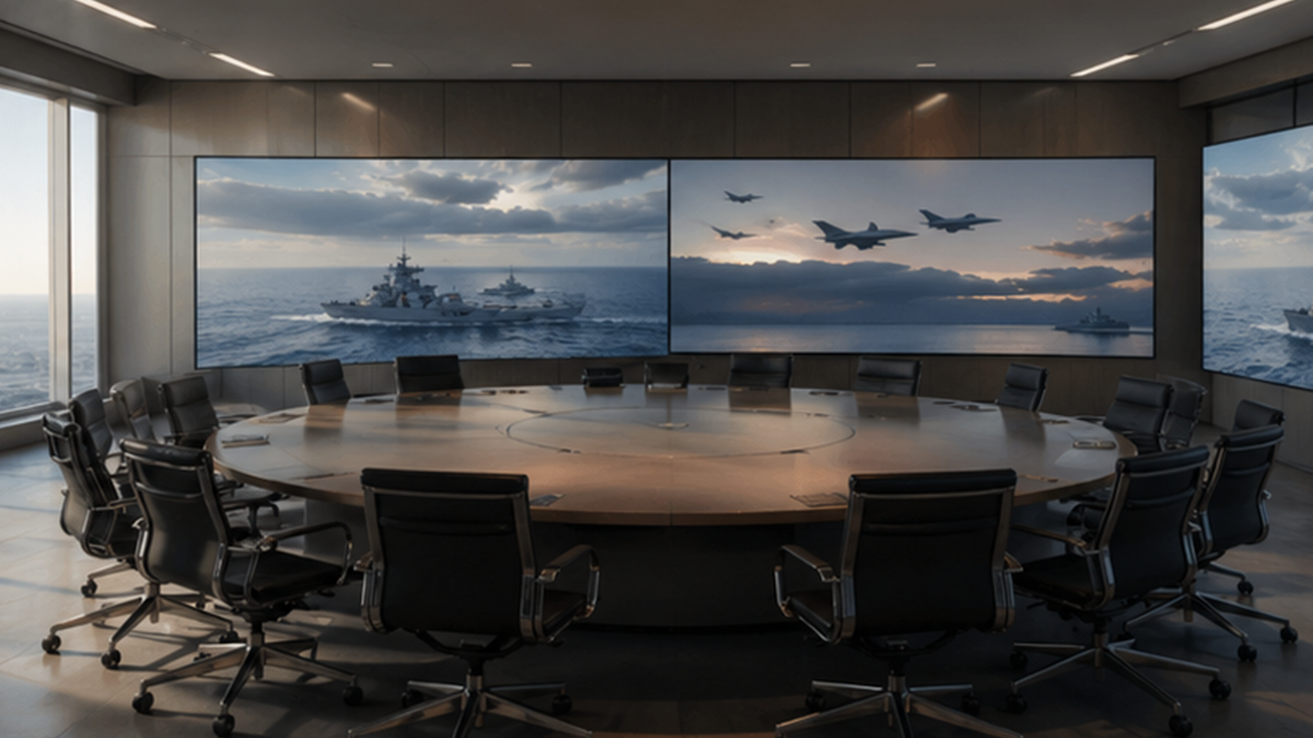Empty defense coordination room with large screens and a round conference table