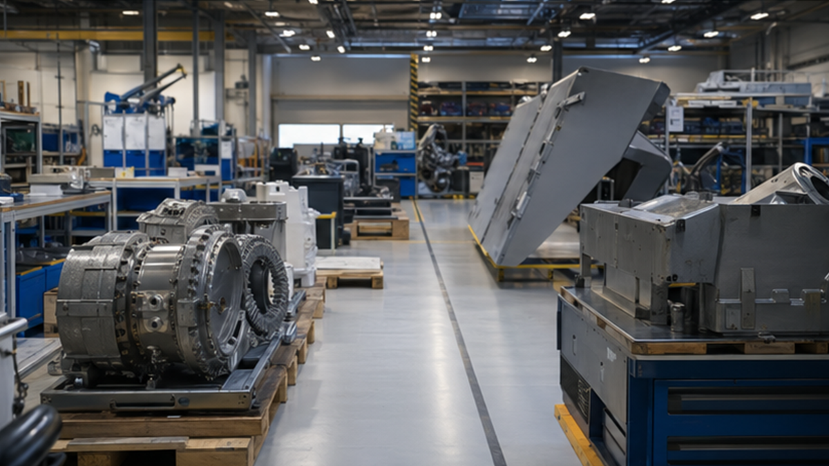 Clean defense manufacturing workshop with generic aircraft and ship equipment components