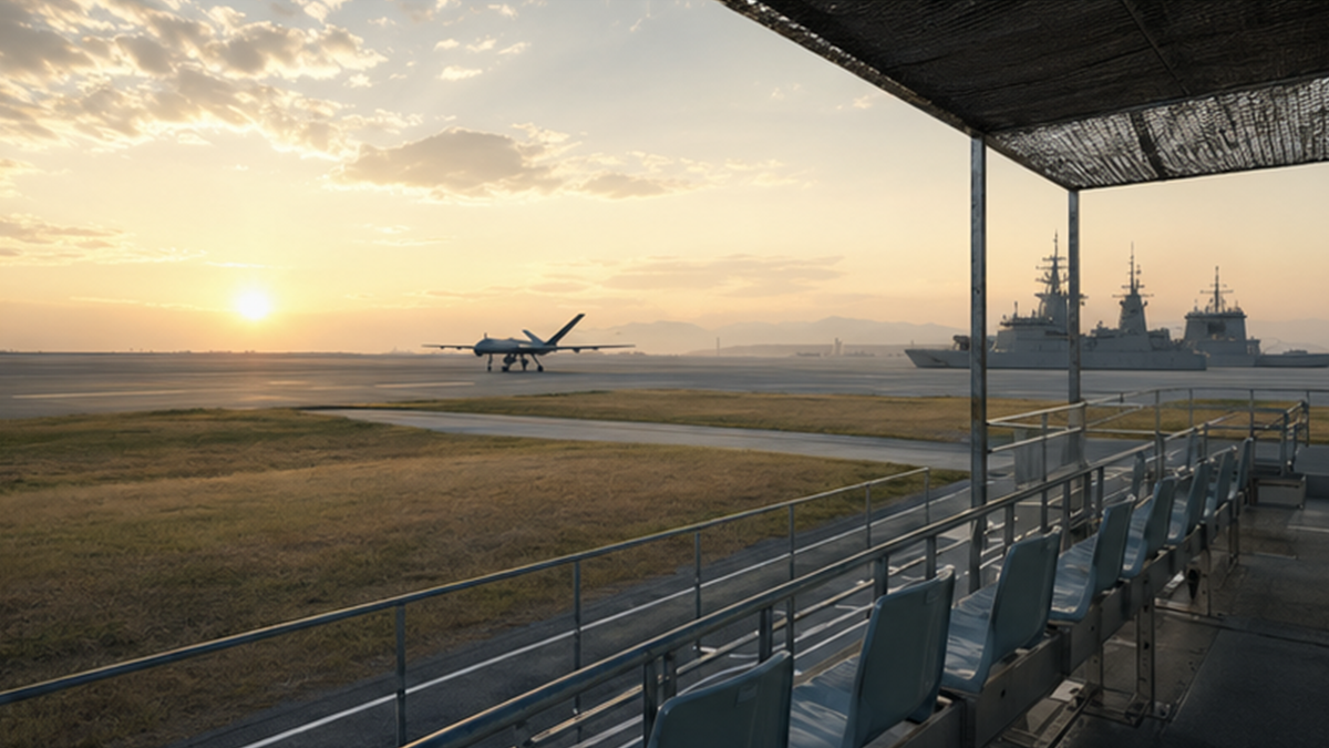 Empty training observation area with a distant generic unmanned aircraft at sunrise