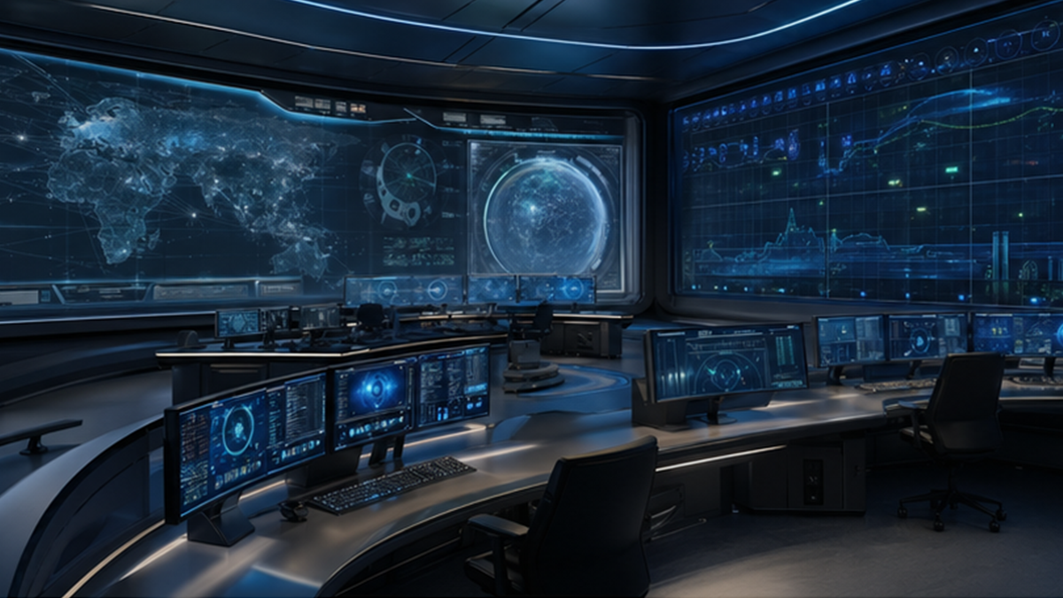 Modern integrated operations center with abstract air sea and cyber displays and no people