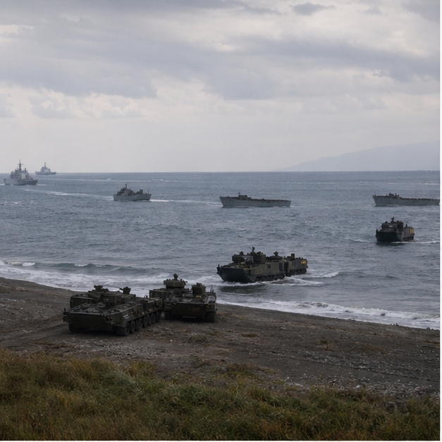 Shoreline exercise support scene from a distance